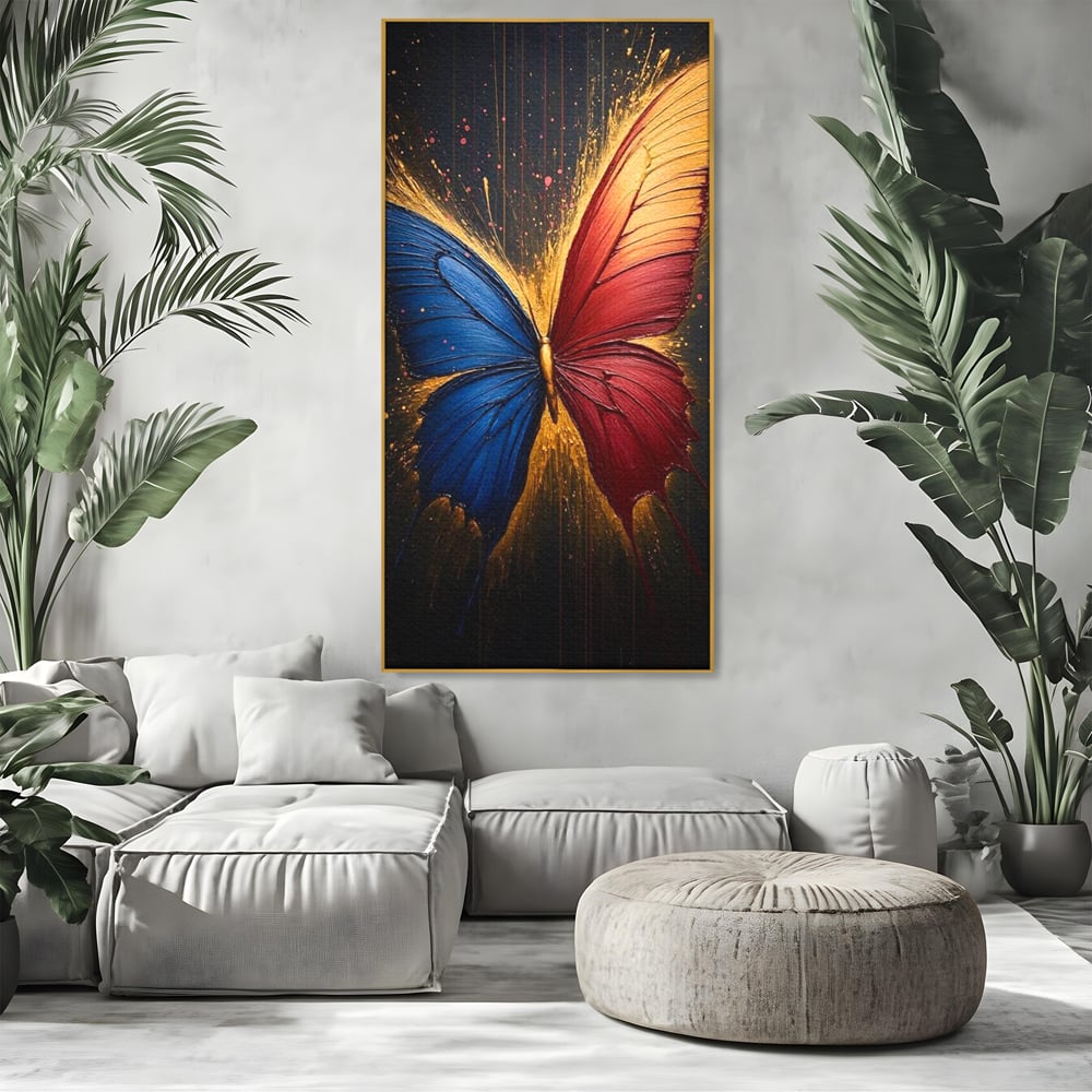 Tablou canvas cu tablou canvas cu fluture colorat, in rama de aluminiu auriu, pe perete intr-un living